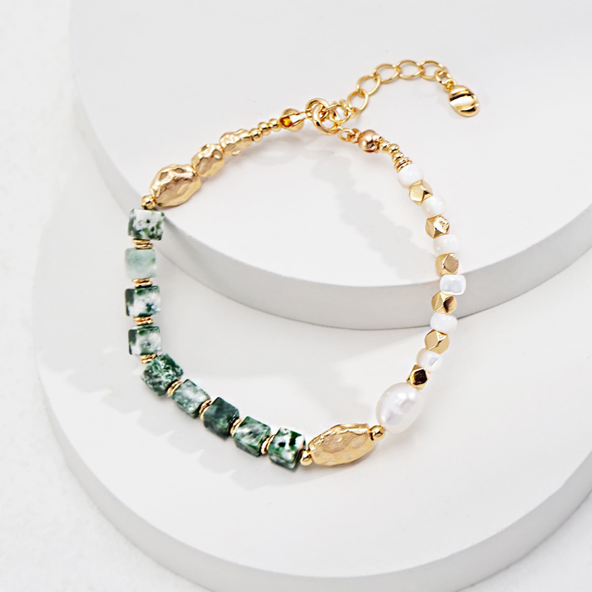 Forest Jade, Pearl Beaded 18K Gold-Plated Sterling Silver Bracelet