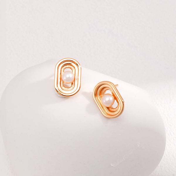 18K Gold Plated Ridge Natural Pearl Stud Sterling Silver Earrings
