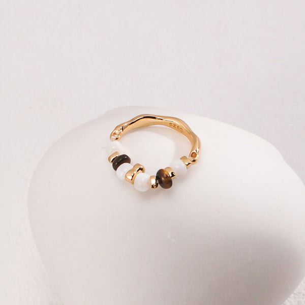 18K Gold Plated Tiger’s Eye & Mother of Pearl Sterling Silver Adjustable Ring