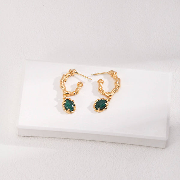 18K Gold Vermeil Turquoise Drop Earrings Organic Hoop Design in Sterling Silver