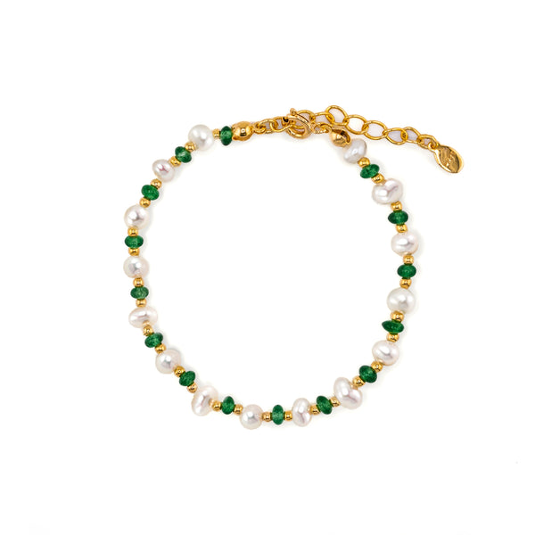 18K Gold-Plated Pearl Green Stone Beaded Sterling Silver Bracelet