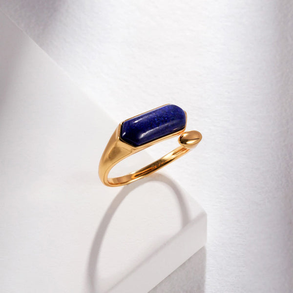 Minimalist French Style Lapis Lazuli Sterling Silver 18K Gold-Plated Adjustable Ring