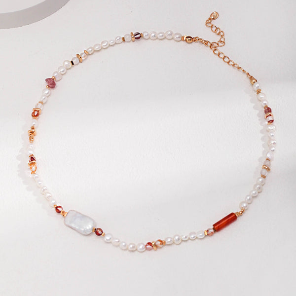 Quartzite Jade & Baroque Pearl Necklace with Gold-Plated Sterling Silver Necklace
